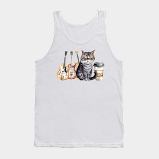 Funny Guitar Grumpy Cat Coffee Retro Cute Watercolor Tank Top